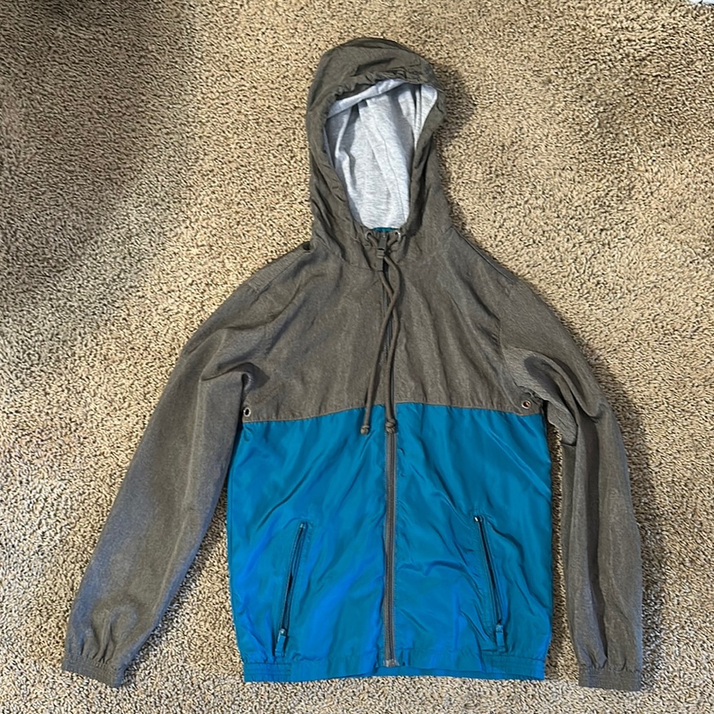 Men's Gray and Blue Hooded Jacket